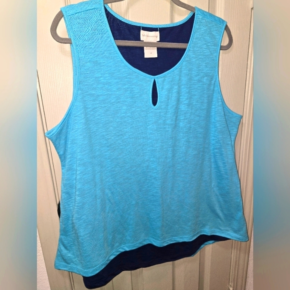 NWOT Soft Surroundings Keyhole Neck Reversible Tank Top Shirt Teal Navy Blue 1X